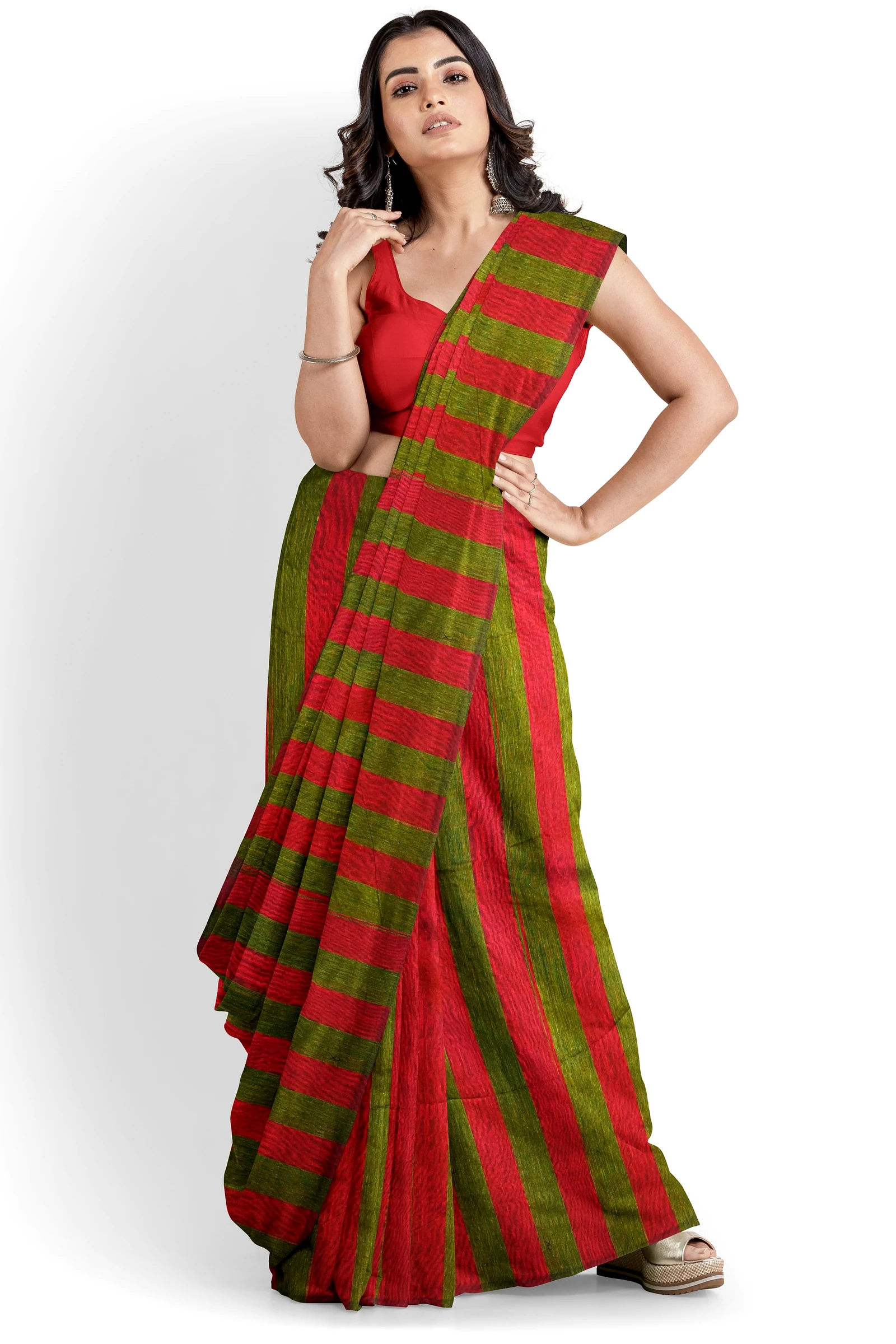 Red Green Pure Cotton Tejal Hand Loom Saree (1200)